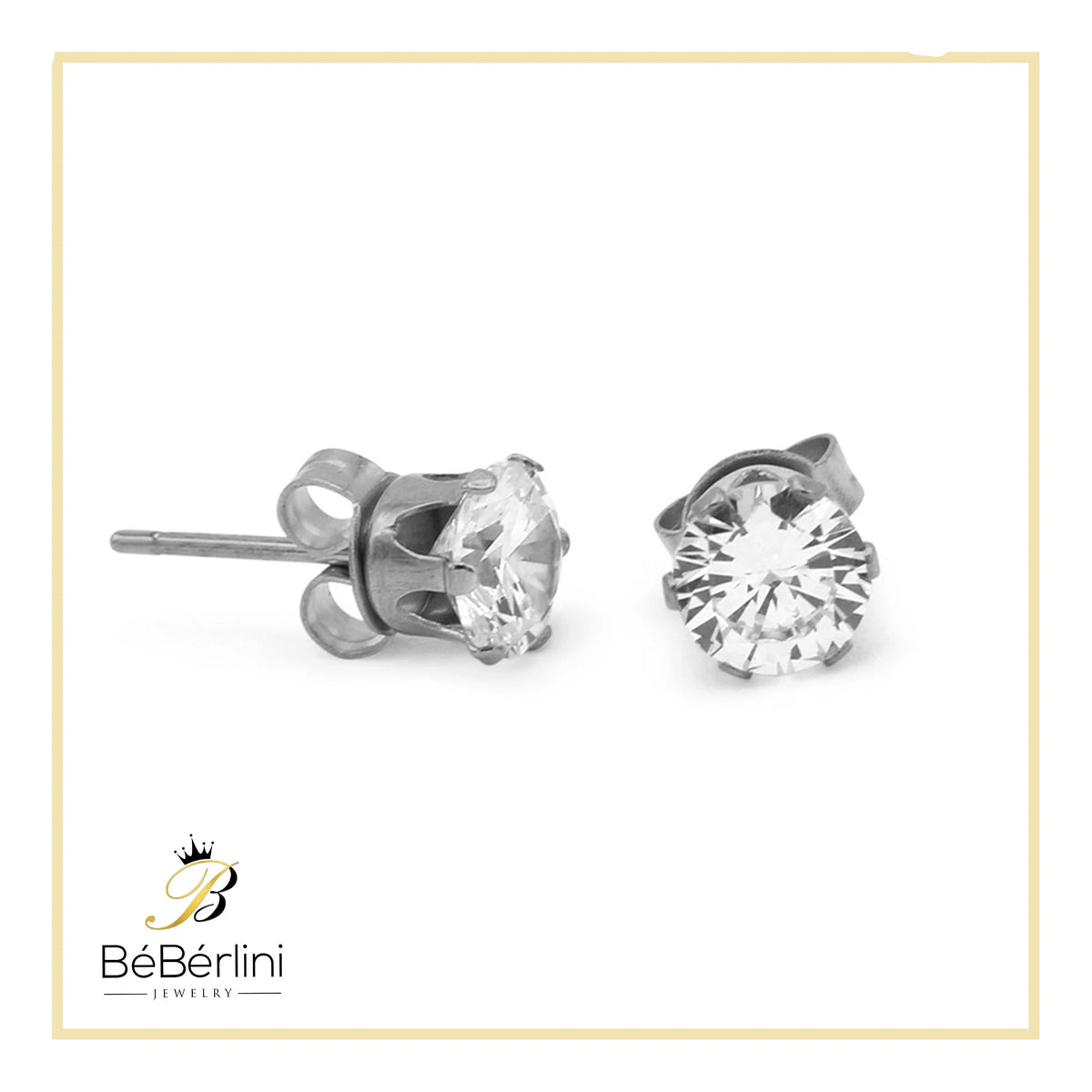 Women Stud Earrings Cubic Zirconia Silver Stainless Steel Jewelry round 6 Mm