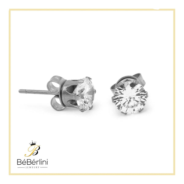 Women Stud Earrings Cubic Zirconia Silver Stainless Steel Jewelry round 6 Mm