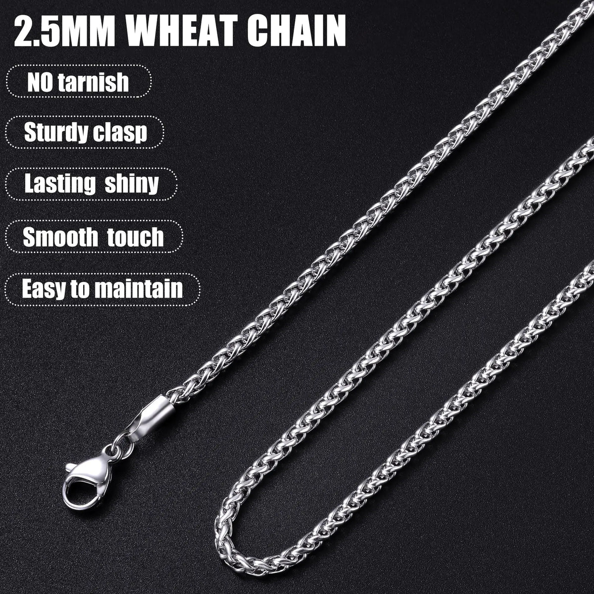 Stainless Steel Wheat Chain for Men, 2.5Mm Mens Chain Necklaces for Men, Boys and Women 16-24 Inch, Christmas Gifts