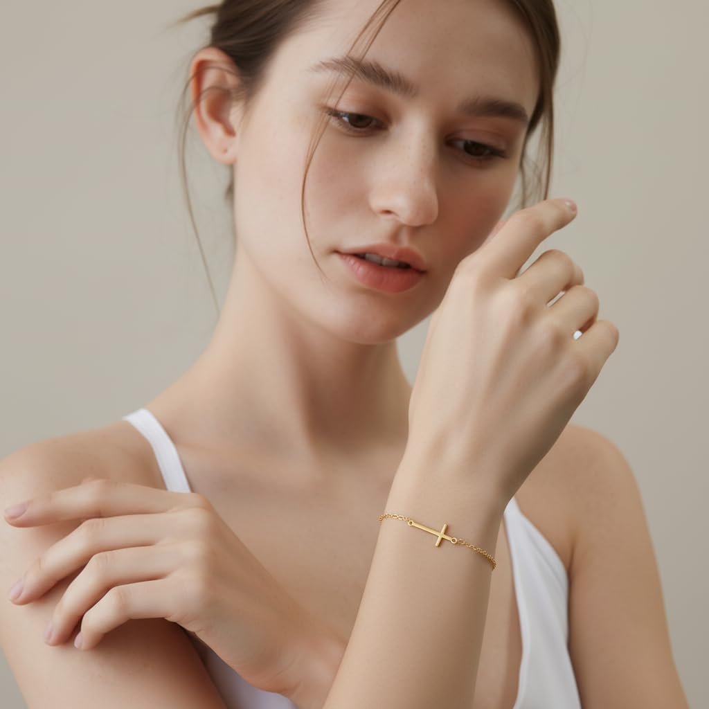 14K Gold Bracelets for Women Gold Bracelet for Womens Reliable Dainty Cross Bracelet for Womens Thin Charm Trendy Cross Bracelets for Women