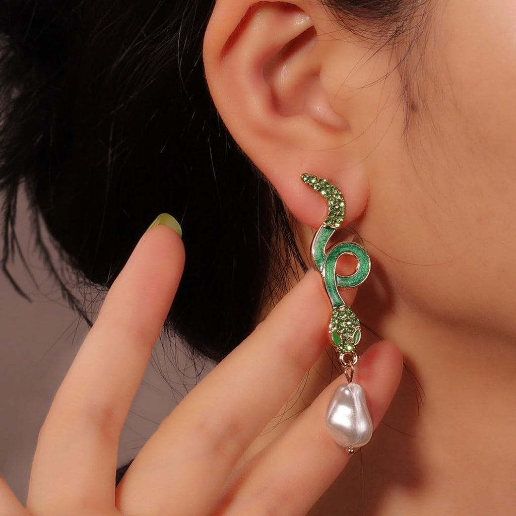 Baroque Pearl Snake Earrings, Serpent Dangle Earrings for Women, Bohemian Snake Animal Vacation Earrings, Cute Snake Statement Earrings Summer Boho Jewelry, Green Snake Drop Earrings for Ladies