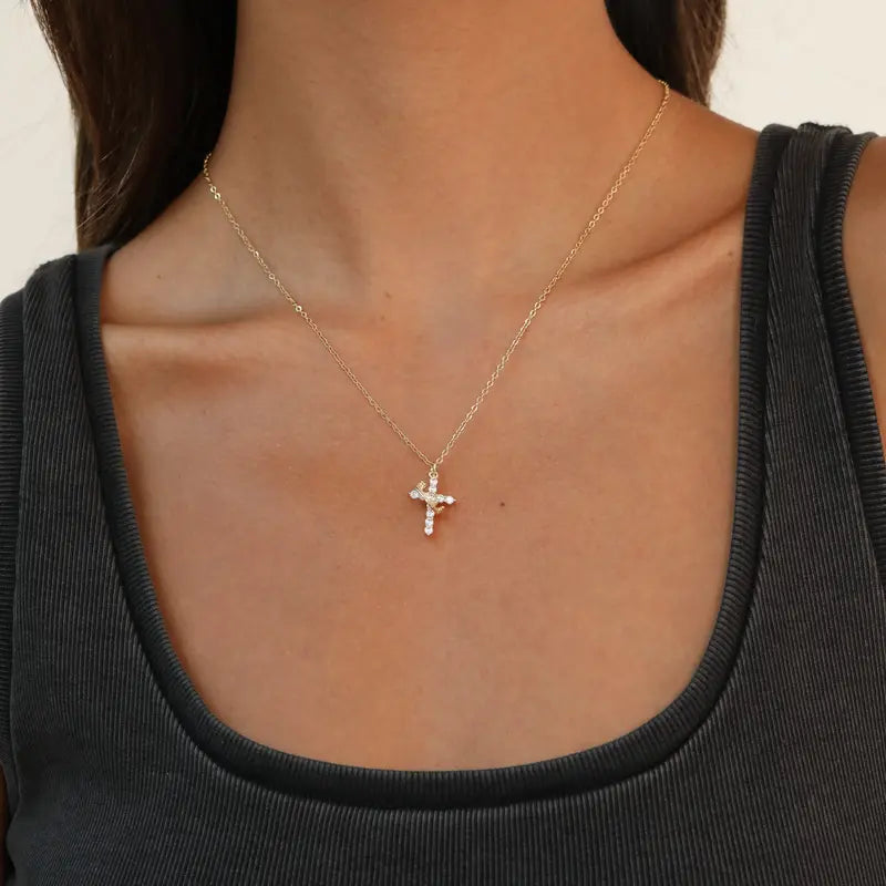 Tewiky 14K Gold Plated Crown Cross Zircon Pendant Necklace for Women-Dainty 14K Gold Cubic Zirconia Pendant Necklaces Simple Gold Cross Pendant Necklace for Easter Gifts