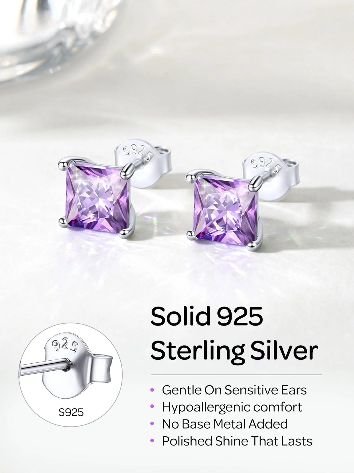 925 Sterling Silver Earrings for Women Sensitive Ears 6Mm Cubic Zirconia Princess Cut Birthstone Studs Hypoallergenic Birthday Graduation Valentines Day Christmas Jewelry Gifts for Her