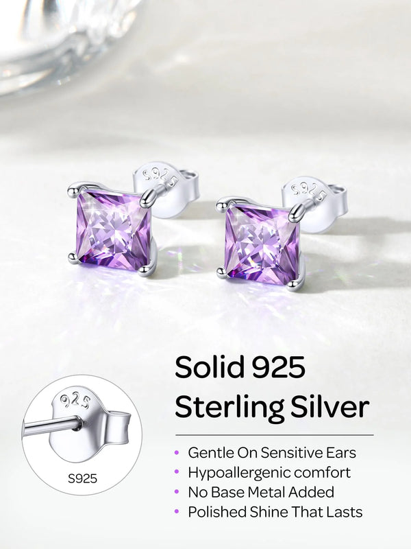 925 Sterling Silver Earrings for Women Sensitive Ears 6Mm Cubic Zirconia Princess Cut Birthstone Studs Hypoallergenic Birthday Graduation Valentines Day Christmas Jewelry Gifts for Her