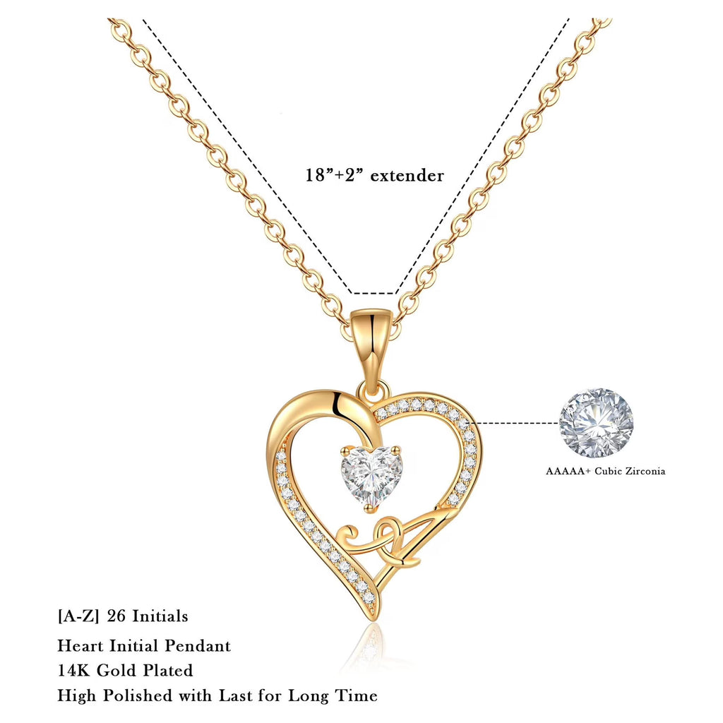 14K Gold Plated Initial Heart Necklace for Women | CZ Pendant