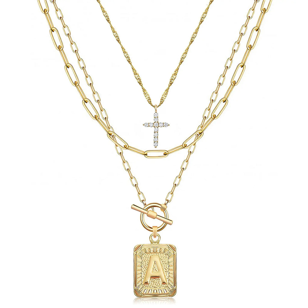 14K Gold Plated Layered Initial Necklaces for Women Trendy, Simple Cross Choker Square Letter Pendant Necklace, Paperclip Chain Necklaces Jewelry