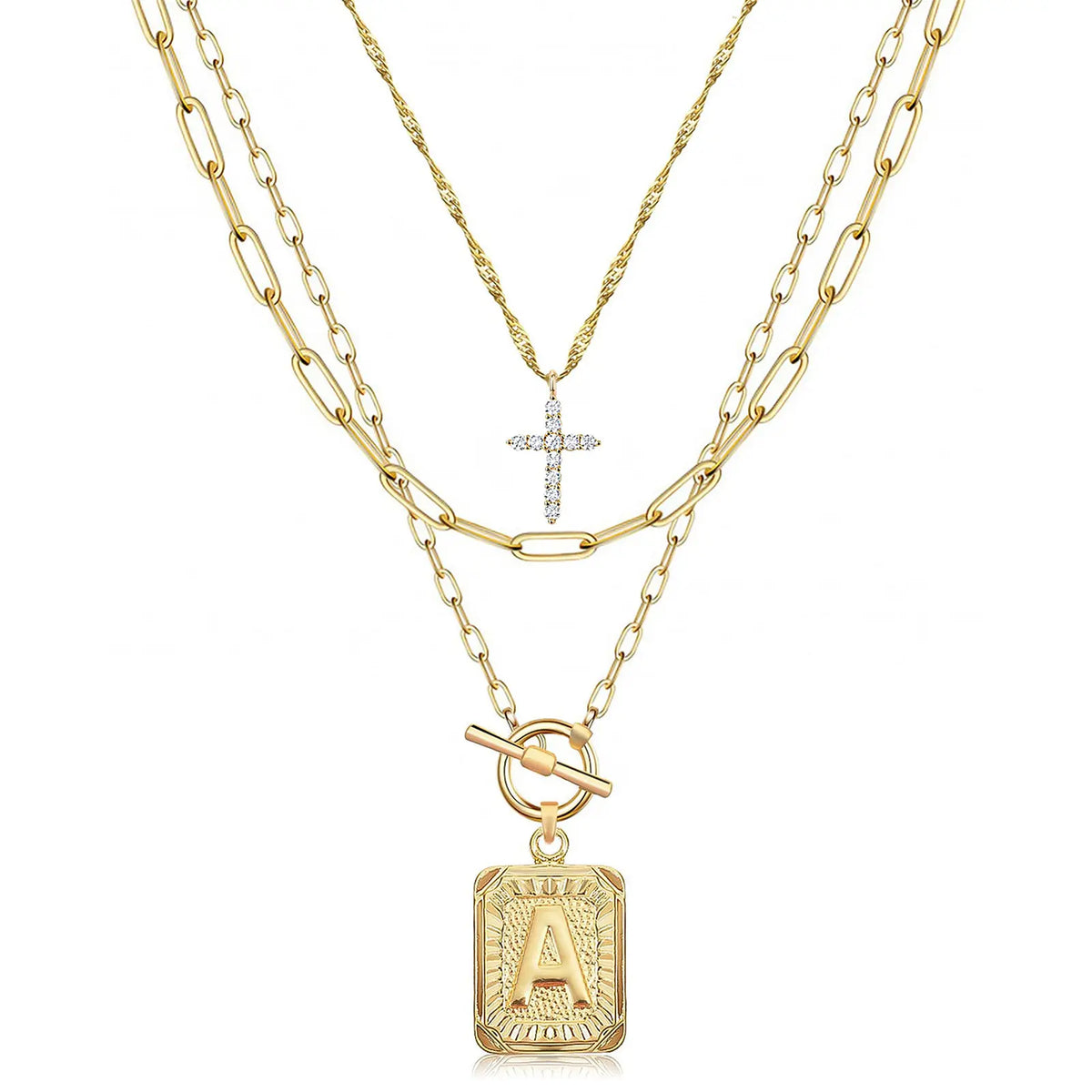14K Gold Plated Layered Initial Necklaces for Women Trendy, Simple Cross Choker Square Letter Pendant Necklace, Paperclip Chain Necklaces Jewelry