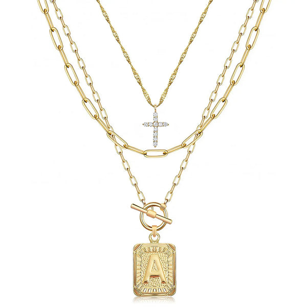 14K Gold Plated Layered Initial Necklaces for Women Trendy, Simple Cross Choker Square Letter Pendant Necklace, Paperclip Chain Necklaces Jewelry