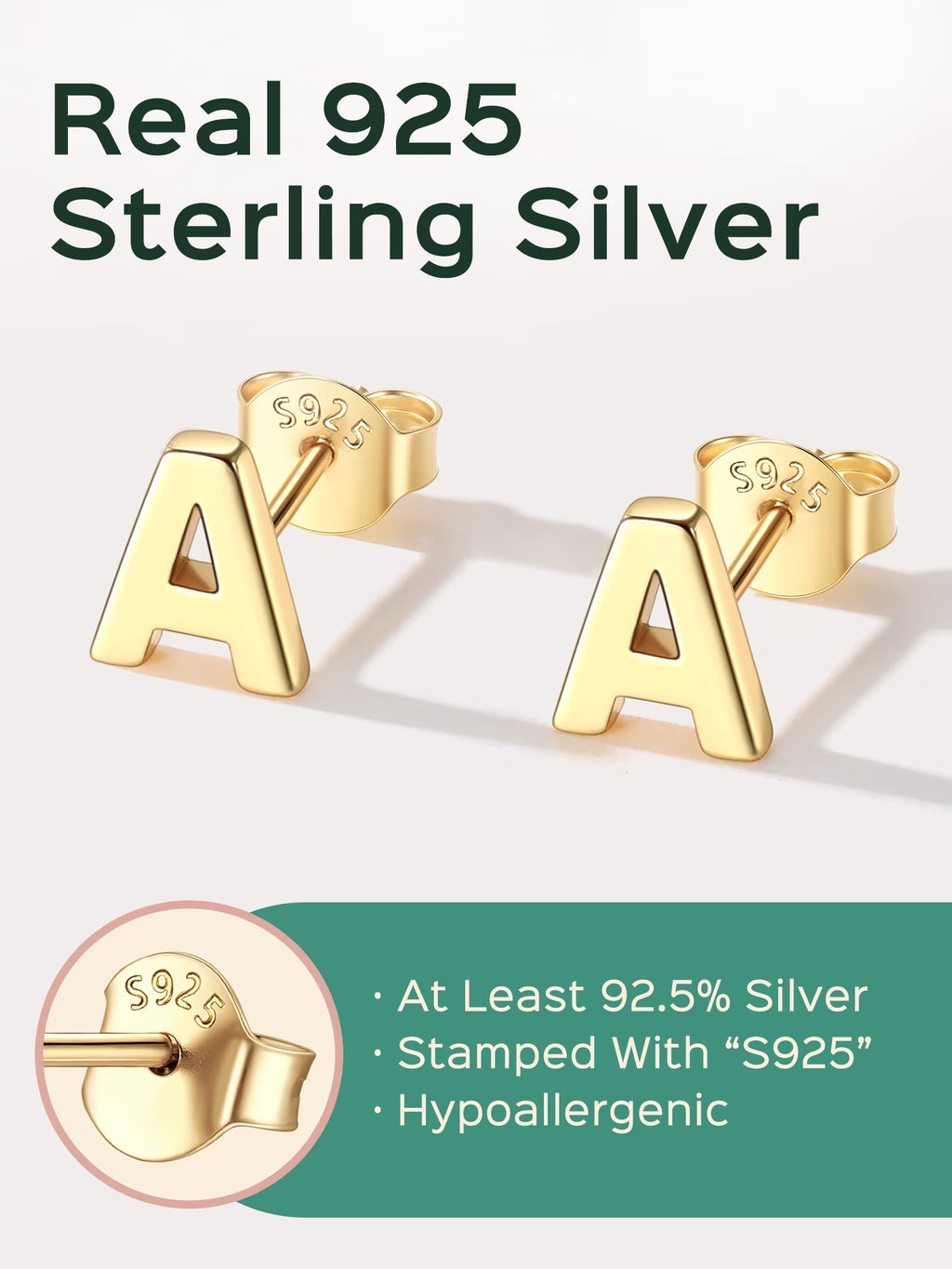 14K Gold Plated Initial Stud Earrings for Women Sensitive Ears 925 Sterling Silver Hypoallergenic Earrings Studs Letter A-Z