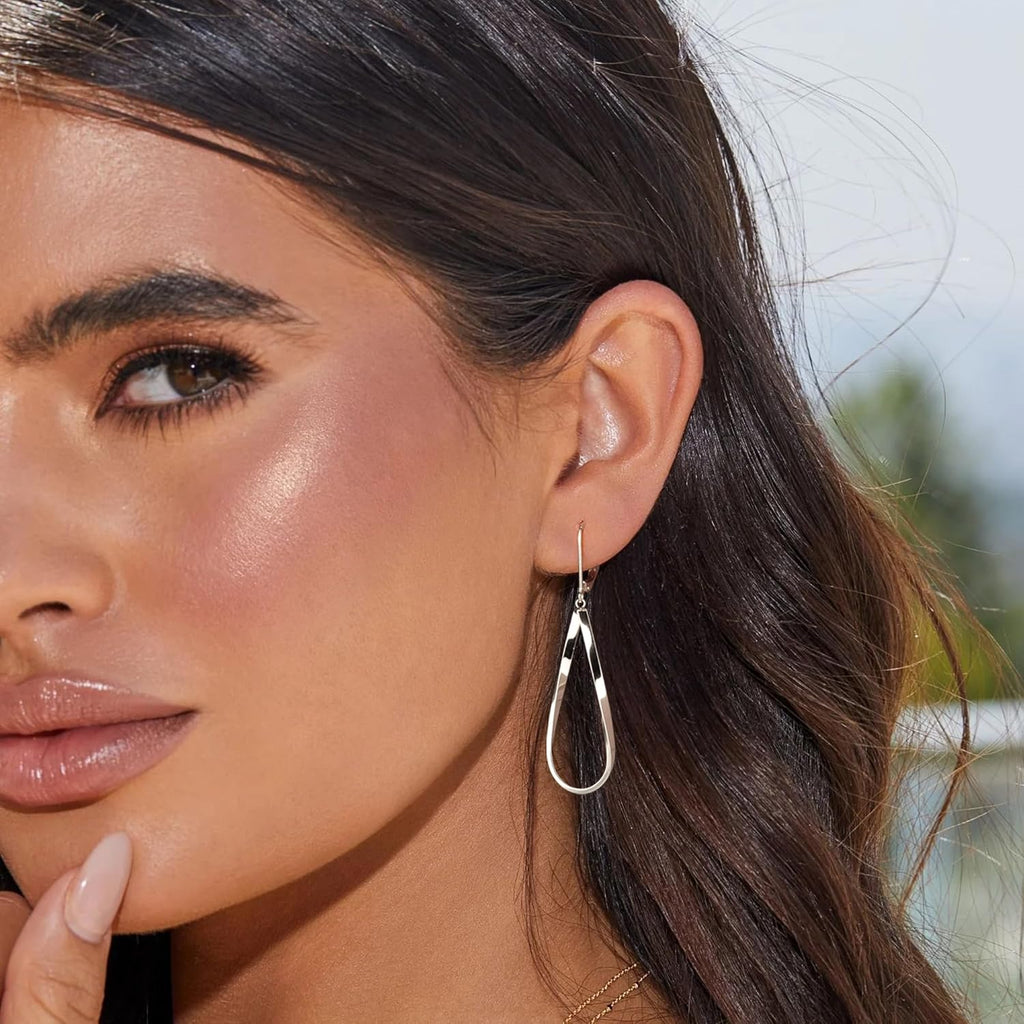 Silver Teardrop Leverback Earrings for Women Trendy Waterdrop Drop Twisted Dangle Earrings Jewelry 14K Gold Plated Hypoallergenic Boho Leverback Dangle Earring