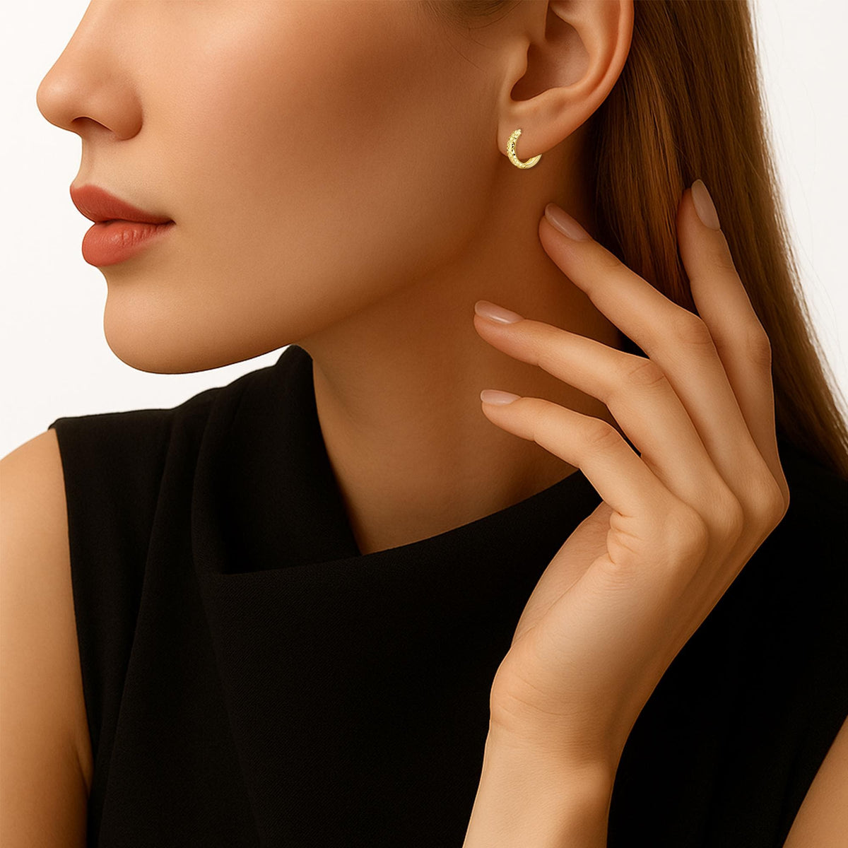 Solid 14K Gold Huggie Hoop Earrings, Hand Engraved Diamond-Cut Design, Available in 14K Yellow or White Gold, Size 12Mm, by TILO Jewelry