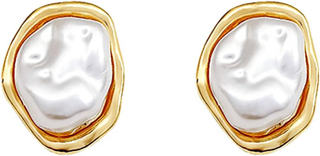 Pearl Earrings for Women 14K Gold Plated Baroque Pearls Stud Earrings Chunky Vintage Pearl Statement Earrings Wedding Jewelry for Bridal