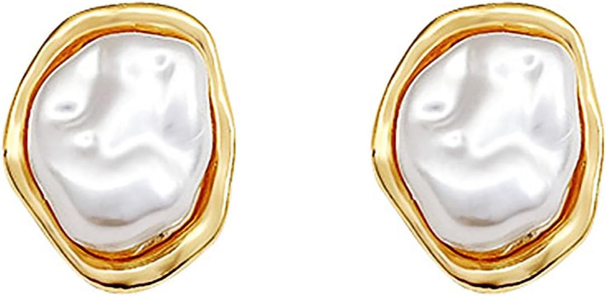 Pearl Earrings for Women 14K Gold Plated Baroque Pearls Stud Earrings Chunky Vintage Pearl Statement Earrings Wedding Jewelry for Bridal