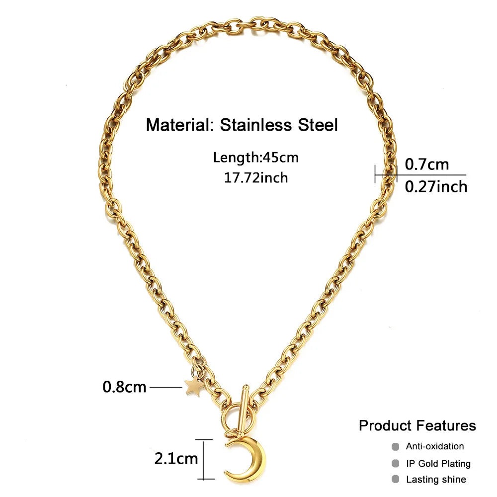 Stainless Steel Toggle Thick Chain with Star Moon Pendant Necklaces Women'S Fashion Jewelry Gift