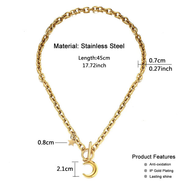 Stainless Steel Toggle Thick Chain with Star Moon Pendant Necklaces Women'S Fashion Jewelry Gift