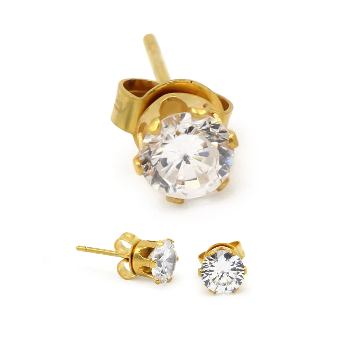 Men Stud Earrings CZ 14K Gold Plated Stainless Steel Jewelry round 6 Mm