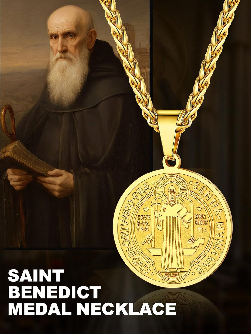 St Michael Pendant Necklace St Benedict Medals Necklace for Men, 22"-24"