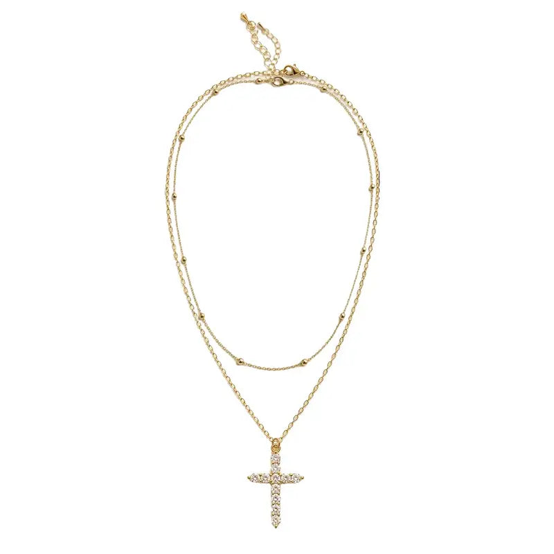 Women'S Minimalist 2-Piece Layered Cross Necklaces Set, 14K Gold Plated Stainless Steel Beaded Chain, Sparkling Cross Pendant, Costume Jewelry for Women, Necklaces for Women
