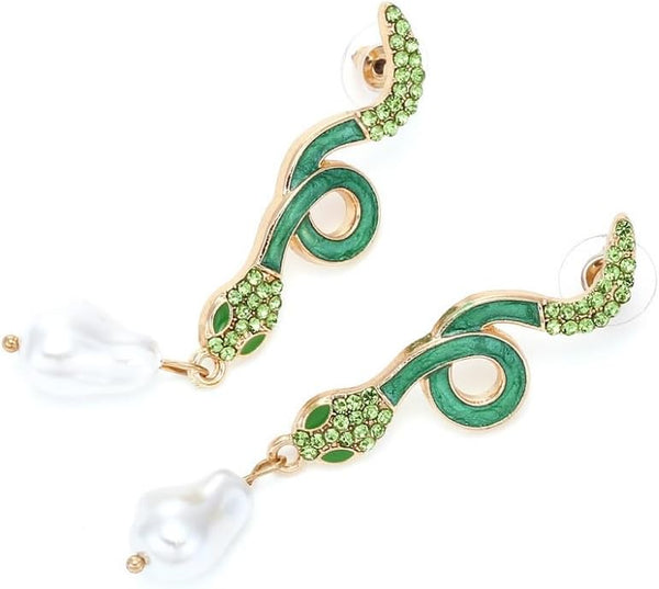 Baroque Pearl Snake Earrings, Serpent Dangle Earrings for Women, Bohemian Snake Animal Vacation Earrings, Cute Snake Statement Earrings Summer Boho Jewelry, Green Snake Drop Earrings for Ladies