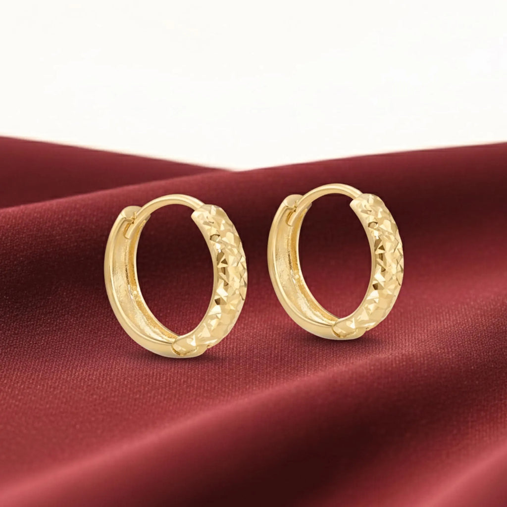 Solid 14K Gold Huggie Hoop Earrings, Hand Engraved Diamond-Cut Design, Available in 14K Yellow or White Gold, Size 12Mm, by TILO Jewelry