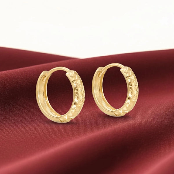 Solid 14K Gold Huggie Hoop Earrings, Hand Engraved Diamond-Cut Design, Available in 14K Yellow or White Gold, Size 12Mm, by TILO Jewelry
