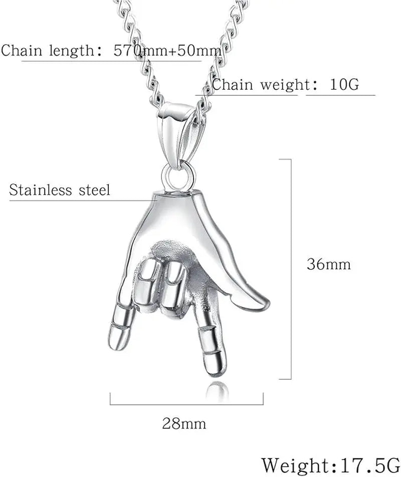 Men'S Individuality Hand Gesture Rock on Titanium Steel Pendant Necklace, Durable Steel Chain Necklaces, Ideal Music-Lover Gift