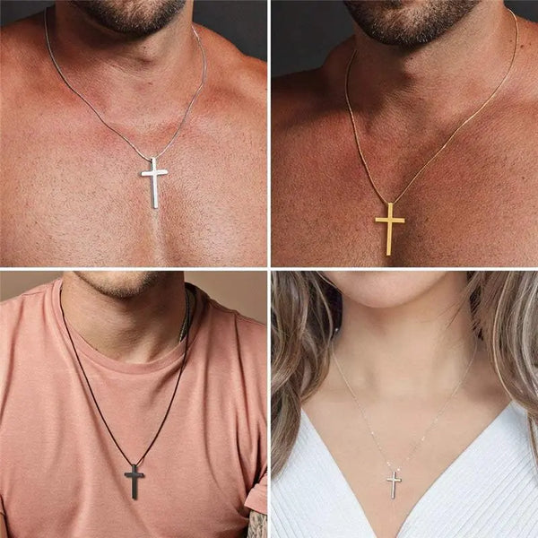 Men'S Stainless Steel Plain Cross Pendant Necklace in Black/Silver/Gold, Box Chain 18 Inches