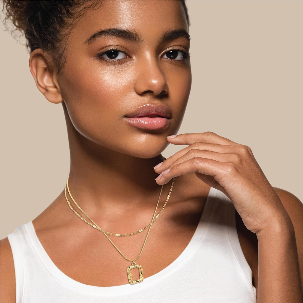 Gold Layered Necklace for Women Trendy Jewelry 14K Real Gold Plated Chunky Chain Stackable Necklaces Dainty Choker Necklaces Rectangle Square Pendant