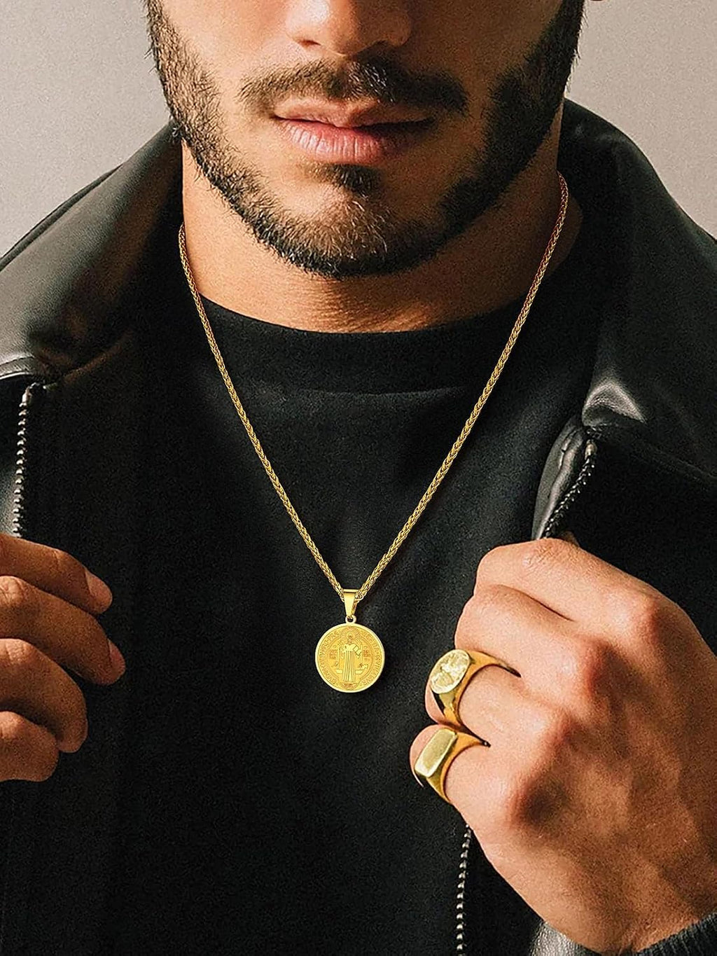 St Michael Pendant Necklace St Benedict Medals Necklace for Men, 22"-24"