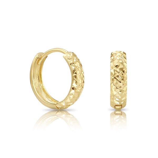 Solid 14K Gold Huggie Hoop Earrings, Hand Engraved Diamond-Cut Design, Available in 14K Yellow or White Gold, Size 12Mm, by TILO Jewelry