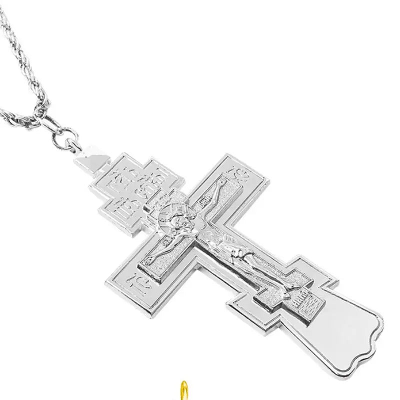 Eastern Orthodox Cross Medallion Pendant Design Necklace Chain Necklaces 47" Chain Zinc Alloy Crucifix Religious Jewelry Gift for Men and Women Faith Pendant Necklace
