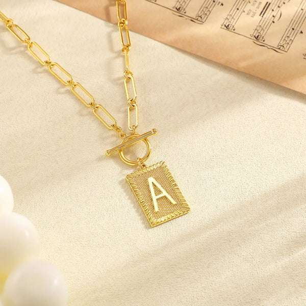Tewiky 14K Gold Plated Neclace for Women Initial Necklaces for Women, Toggle Clasp Square Letter Pendant Necklace Trendy Dainty Paperclip Chain Necklaces Jewelry Gifts, Gift