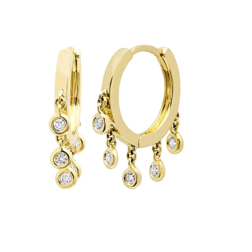 14K Yellow Gold Huggie Earrings, Natural Diamond Drop Hoops