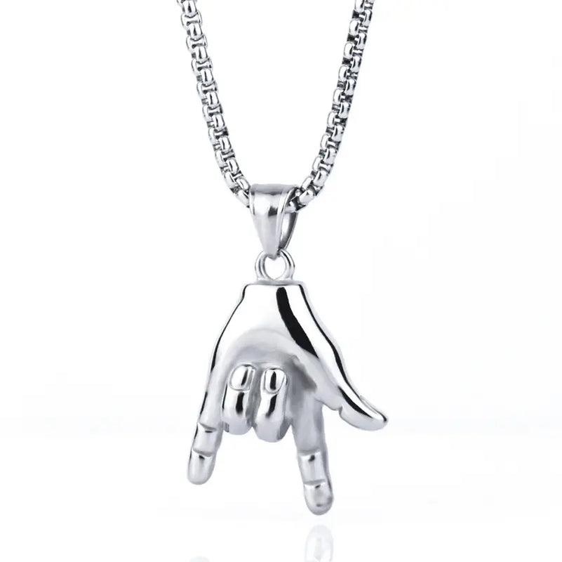 Men'S Individuality Hand Gesture Rock on Titanium Steel Pendant Necklace, Durable Steel Chain Necklaces, Ideal Music-Lover Gift