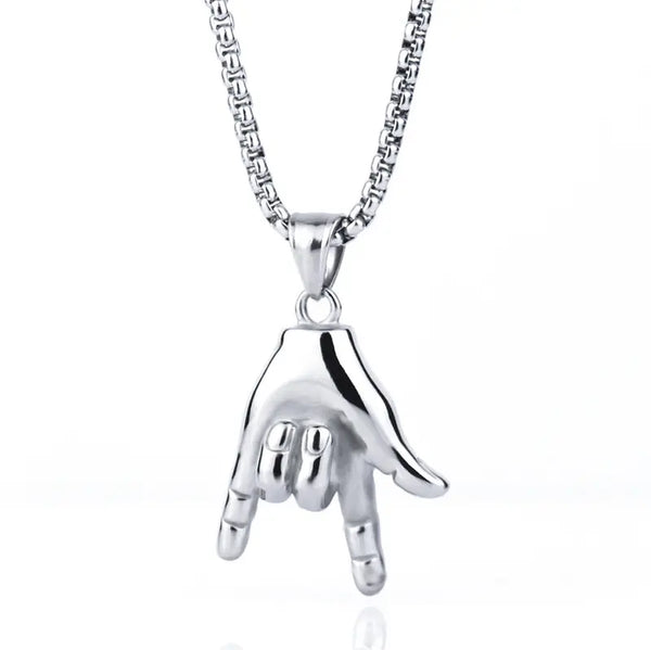 Men'S Individuality Hand Gesture Rock on Titanium Steel Pendant Necklace, Durable Steel Chain Necklaces, Ideal Music-Lover Gift