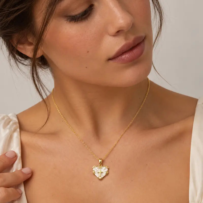 Loyalove Heart Cross Necklace for Women 14K Gold Plated, Dainty White Mother of Pearl Style Christian Faith Jewelry, Adjustable 16.5-18.5 Inch, Meaningful Gift
