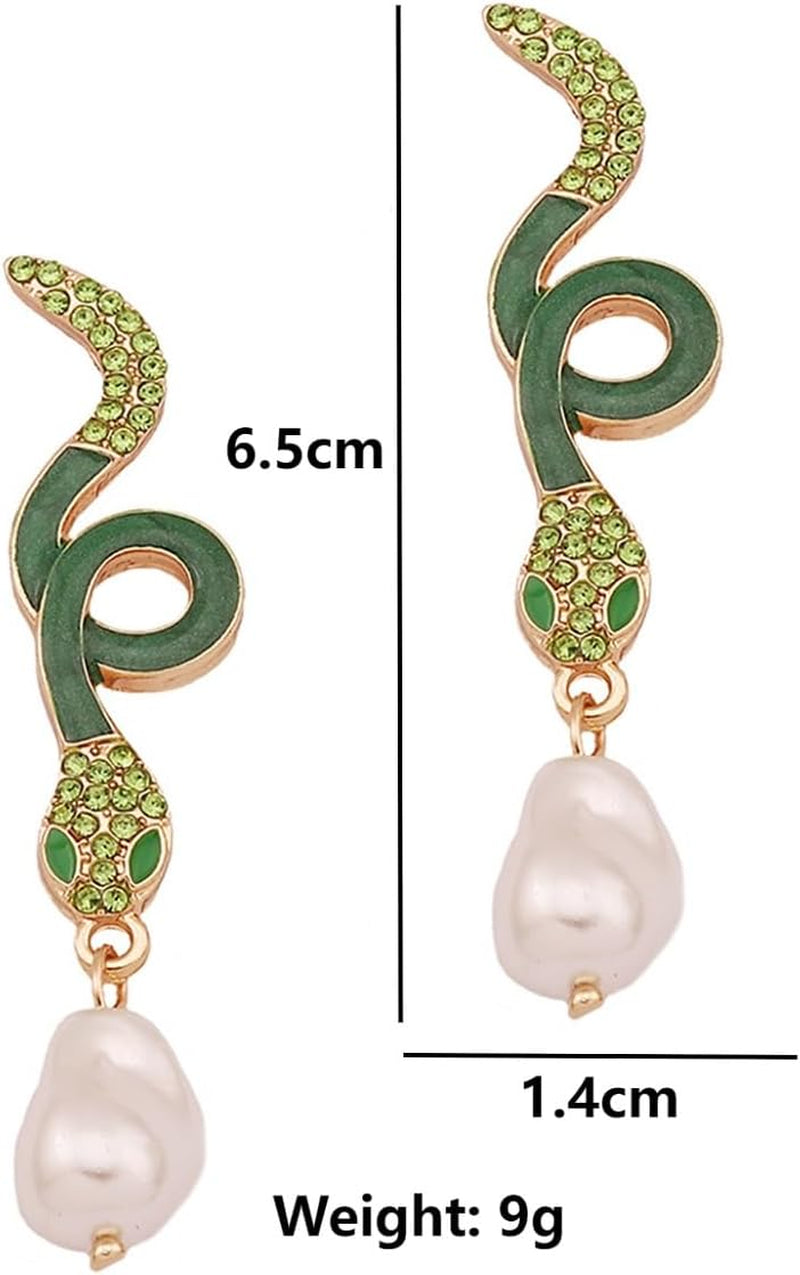Baroque Pearl Snake Earrings, Serpent Dangle Earrings for Women, Bohemian Snake Animal Vacation Earrings, Cute Snake Statement Earrings Summer Boho Jewelry, Green Snake Drop Earrings for Ladies