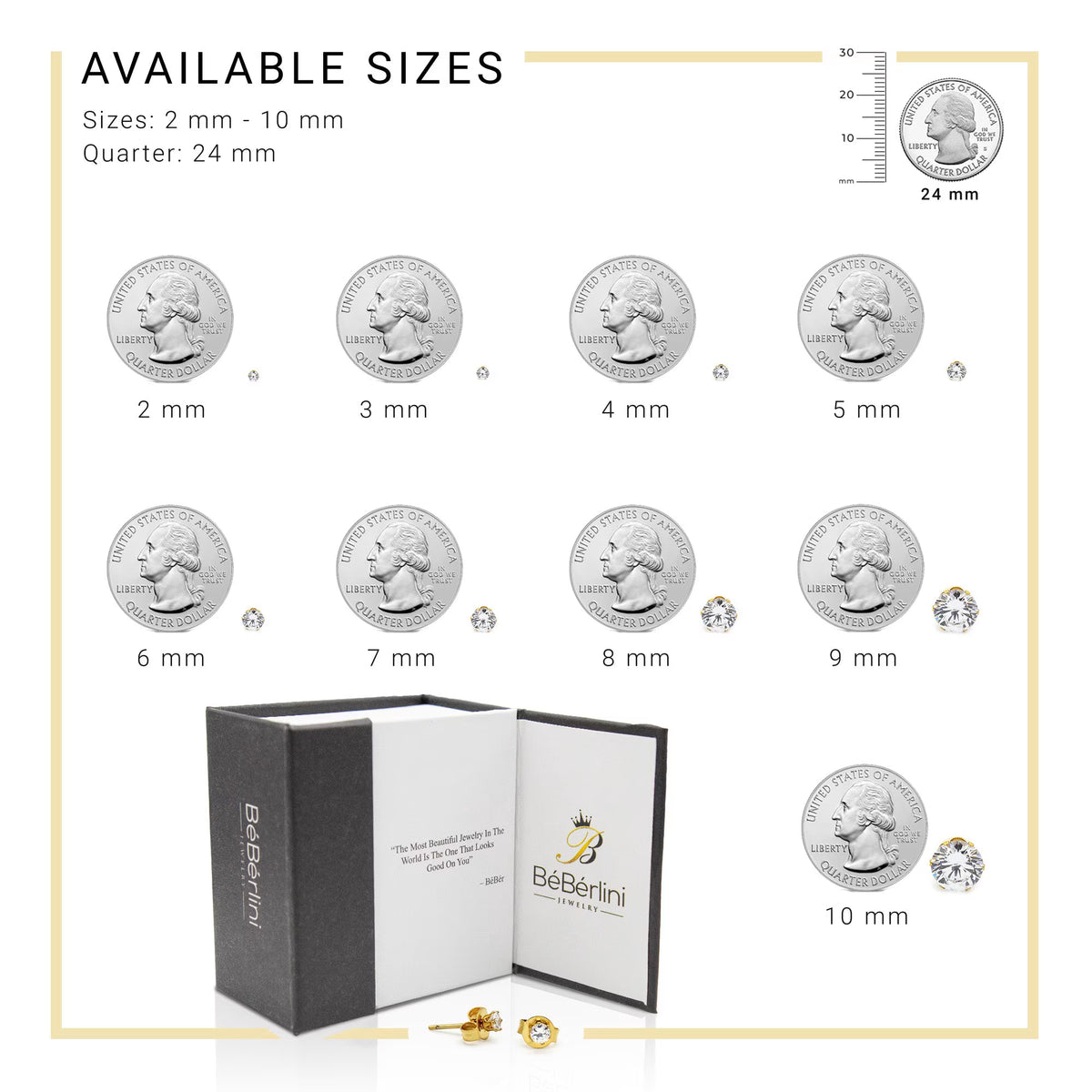 Men Stud Earrings CZ 14K Gold Plated Stainless Steel Jewelry round 8 Mm