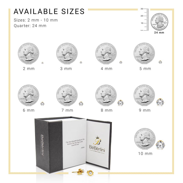Men Stud Earrings CZ 14K Gold Plated Stainless Steel Jewelry round 8 Mm