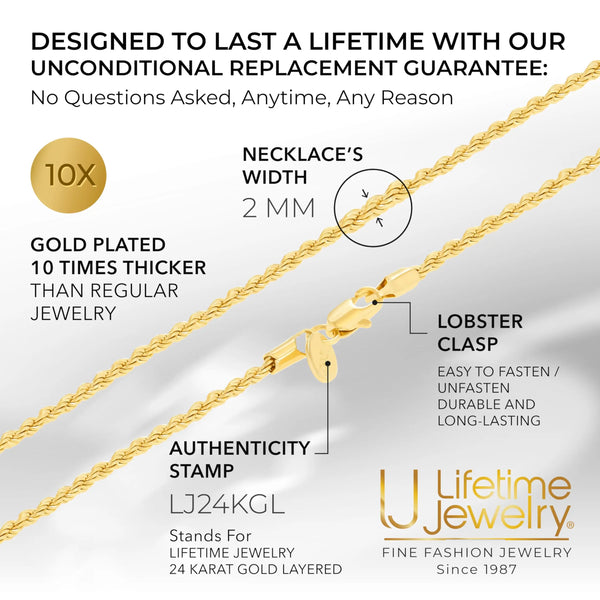 LIFETIME JEWELRY 2Mm Gold Rope Chain for Men & Women 24K Real Gold Plated Diamond Cut Gold Necklace for Women & Necklace for Men 14 to 36 Inch | Gold | White Gold (14 Inches, Gold)