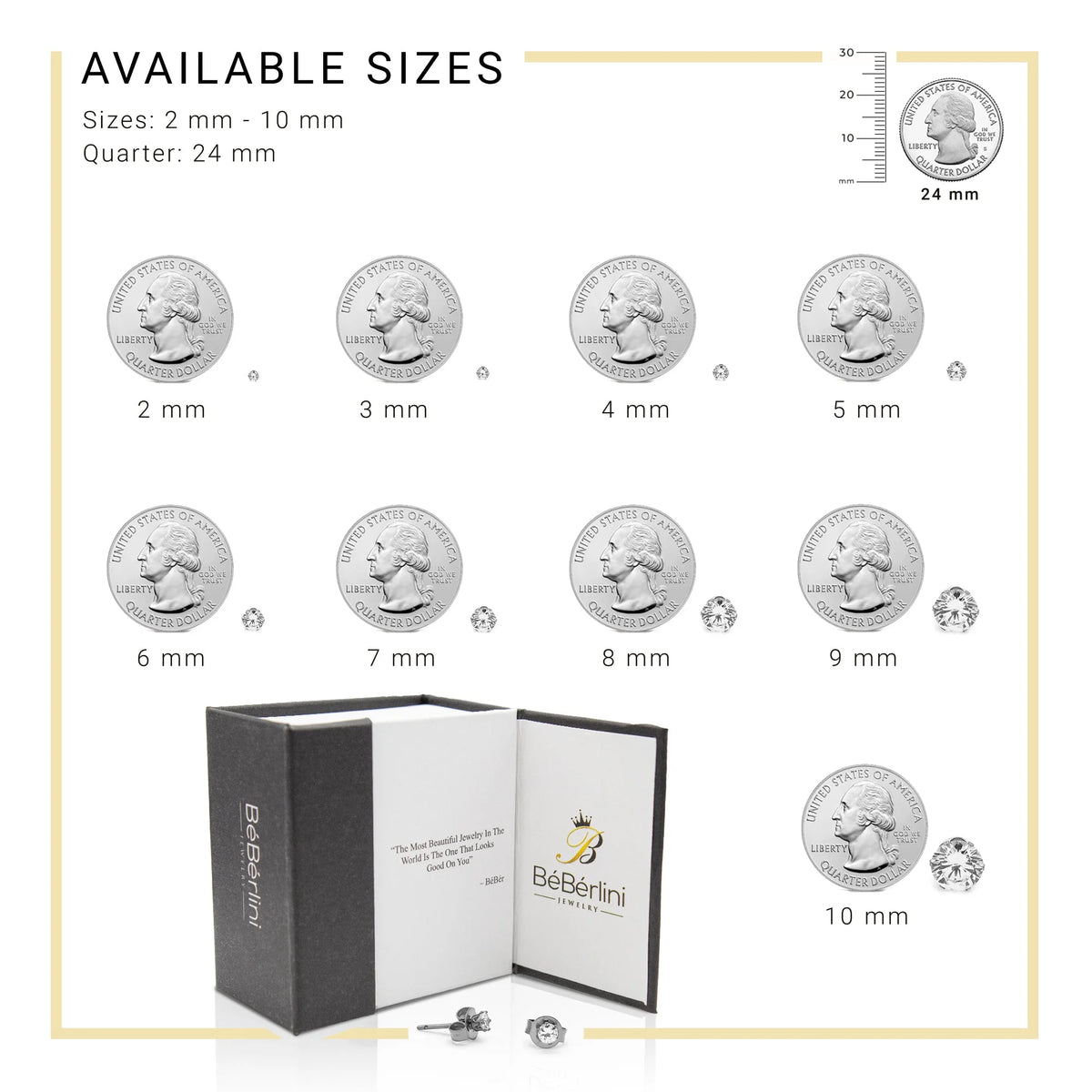 Women Stud Earrings Cubic Zirconia Silver Stainless Steel Jewelry round 6 Mm