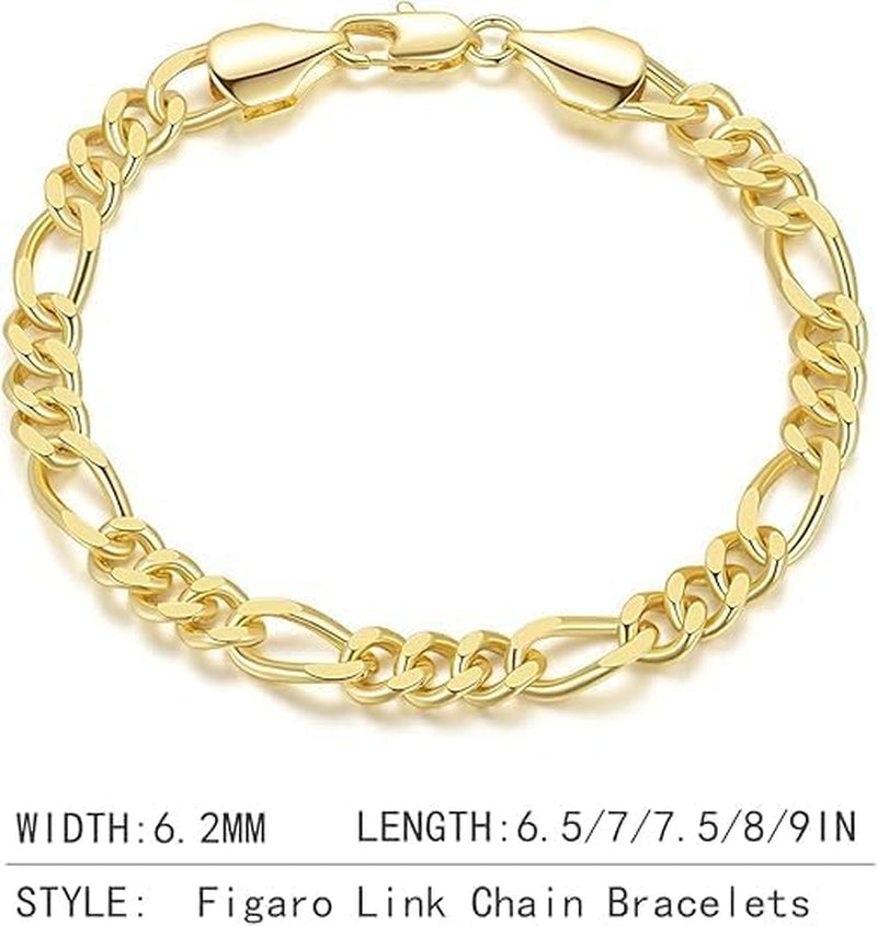 14K Gold Bracelets for Women 6.2Mm Figaro Gold Bracelets for Men