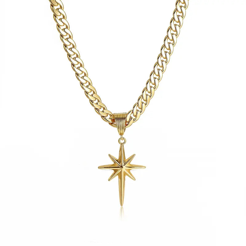 Tewiky 14K Gold Plated Necklaces, North Star Curb Chain Pendant / Herringbone Flat Choker, Stackable Daily Jewelry for Back to School Gift