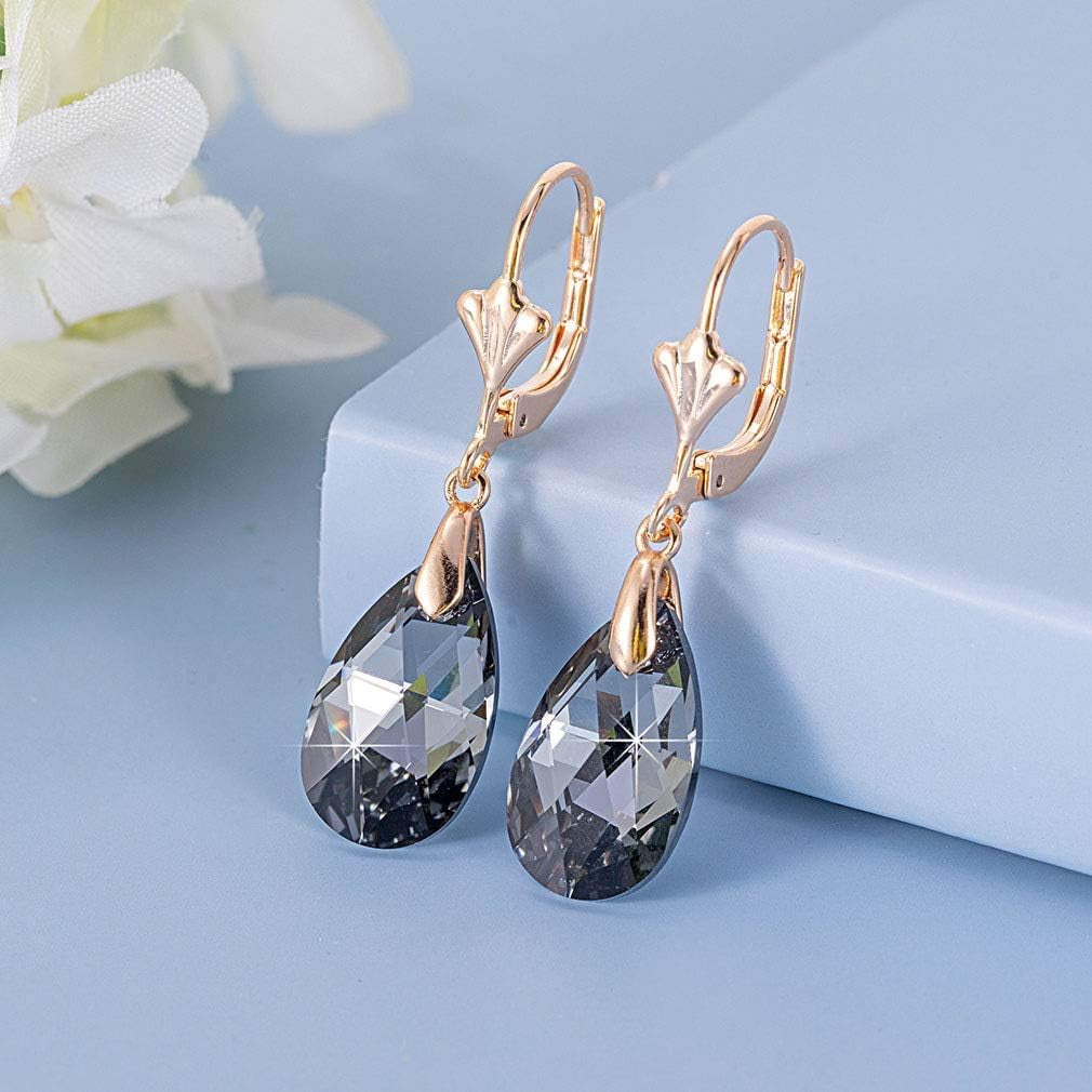Austrian Crystal Teardrop Leverback Dangle Earrings for Women Fashion 14K Gold Plated Hypoallergenic Jewelry