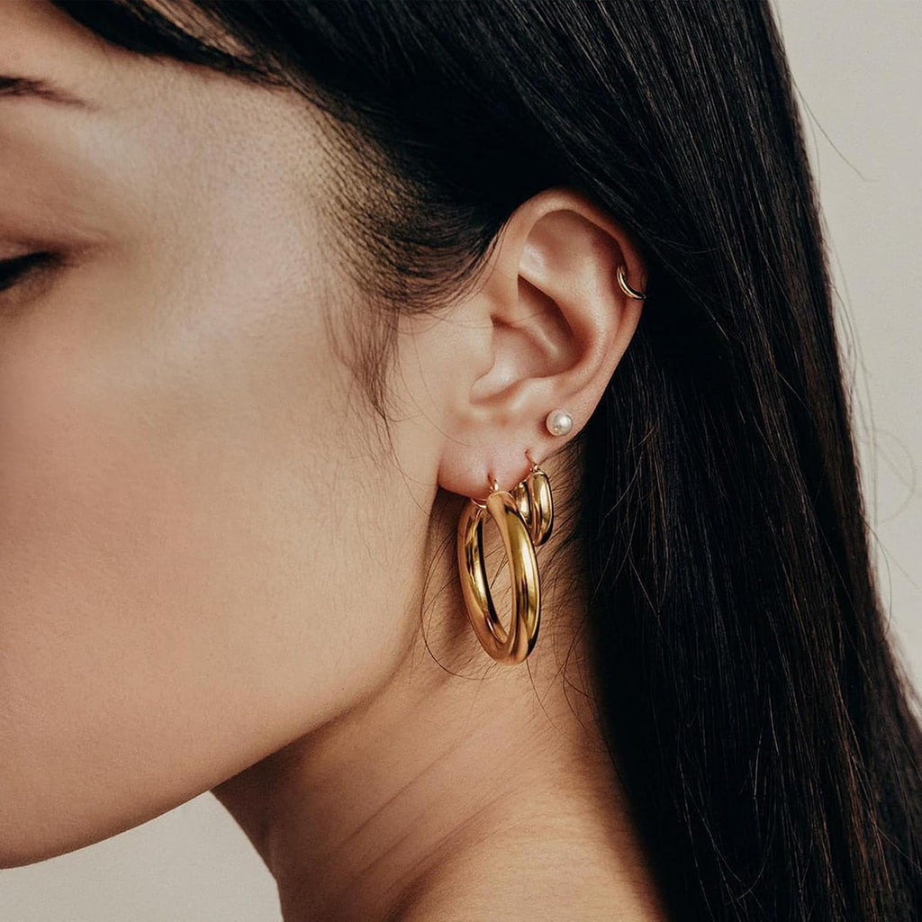 925 Sterling Silver Post Chunky Gold Hoop Earrings, 14K Gold Plated Earrings for Women Lightweight Hollow Tube 25Mm-70Mm - KARMARKA