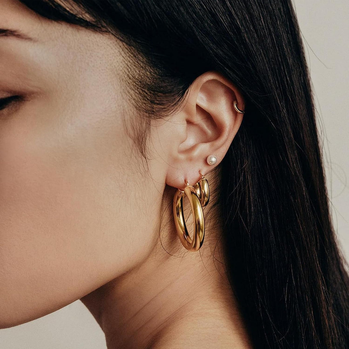 925 Sterling Silver Post Chunky Gold Hoop Earrings, 14K Gold Plated Earrings for Women Lightweight Hollow Tube 25Mm-70Mm - KARMARKA