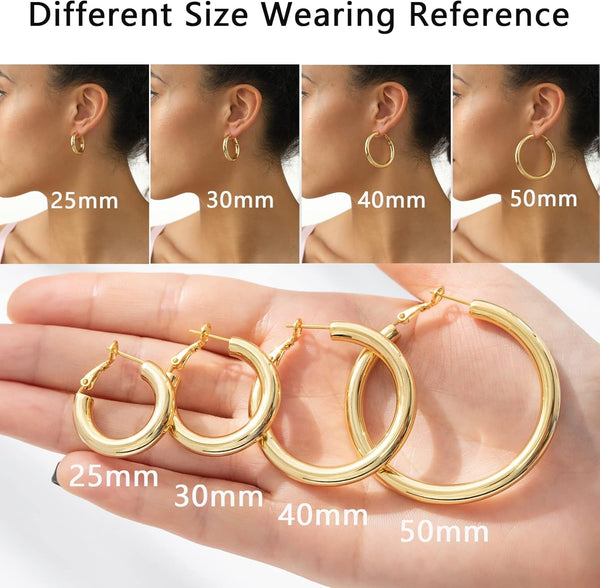 925 Sterling Silver Post Chunky Gold Hoop Earrings, 14K Gold Plated Earrings for Women Lightweight Hollow Tube 25Mm-70Mm - KARMARKA
