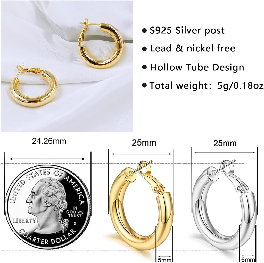 925 Sterling Silver Post Chunky Gold Hoop Earrings, 14K Gold Plated Earrings for Women Lightweight Hollow Tube 25Mm-70Mm - KARMARKA