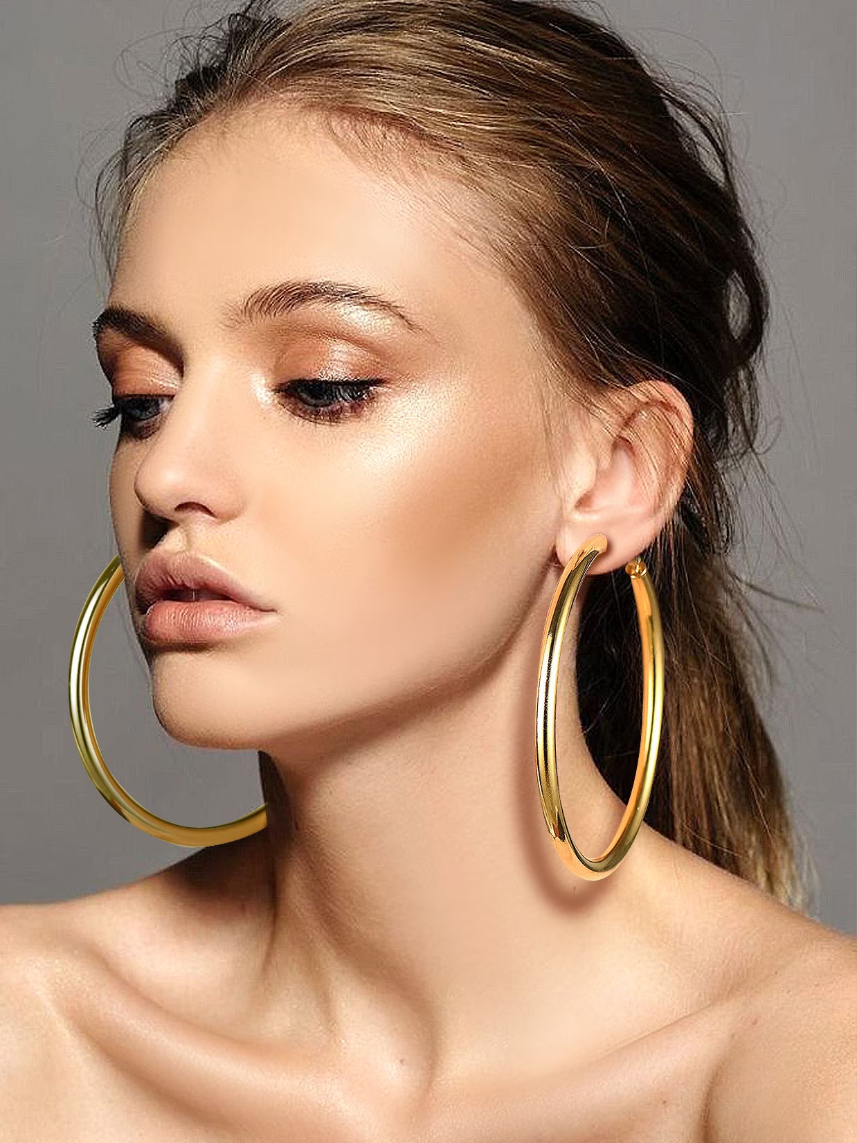14K Gold Plated Chunky Hoop Earrings for Women – 80mm Stainless Steel Statement Hoops Secondary image