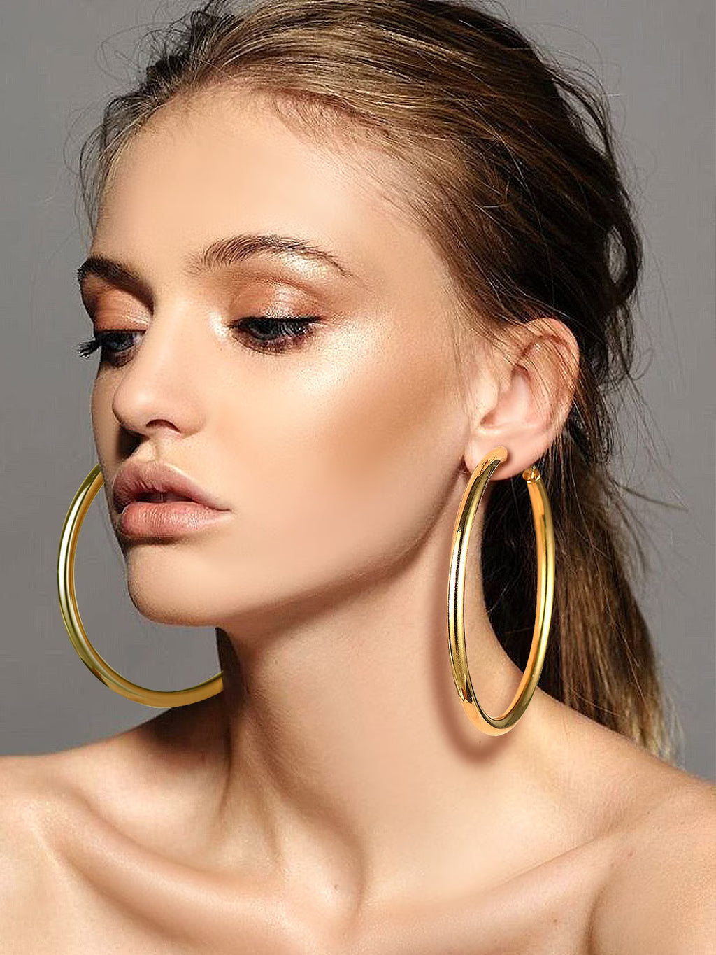 14K Gold Plated Chunky Hoop Earrings for Women – 80mm Stainless Steel Statement Hoops